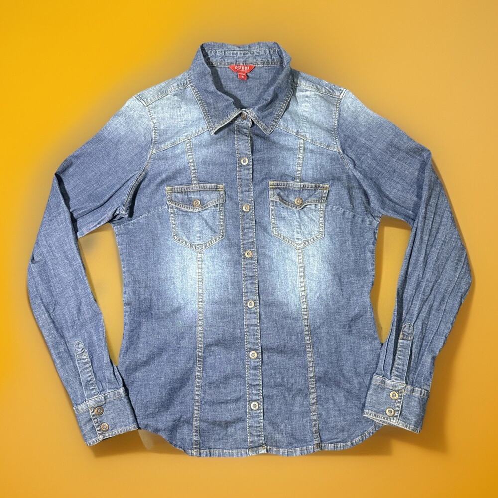 Guess Los Angeles Denim Shirt Womens Medium Blue Western Button Up Faded Light